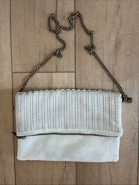Moda Luxe Cream Fold-Over Clutch with Antique Gold Chain